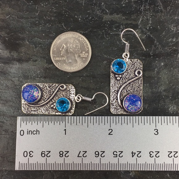 New Sim Milky Opalite & Blue Topaz Silver Hook Earrings - Picture 7 of 8